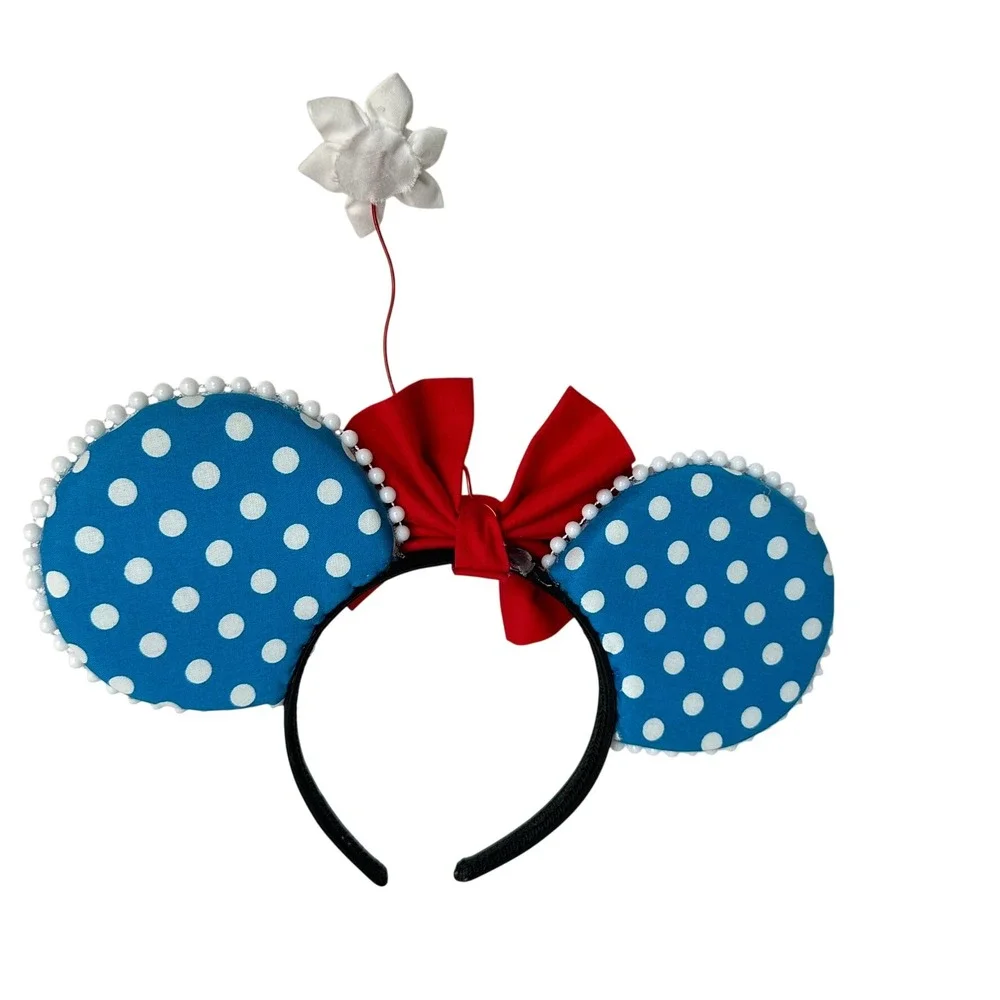 Blue Polka Dot Minnie Mouse Ears Red Bow Daisy Flower Headband